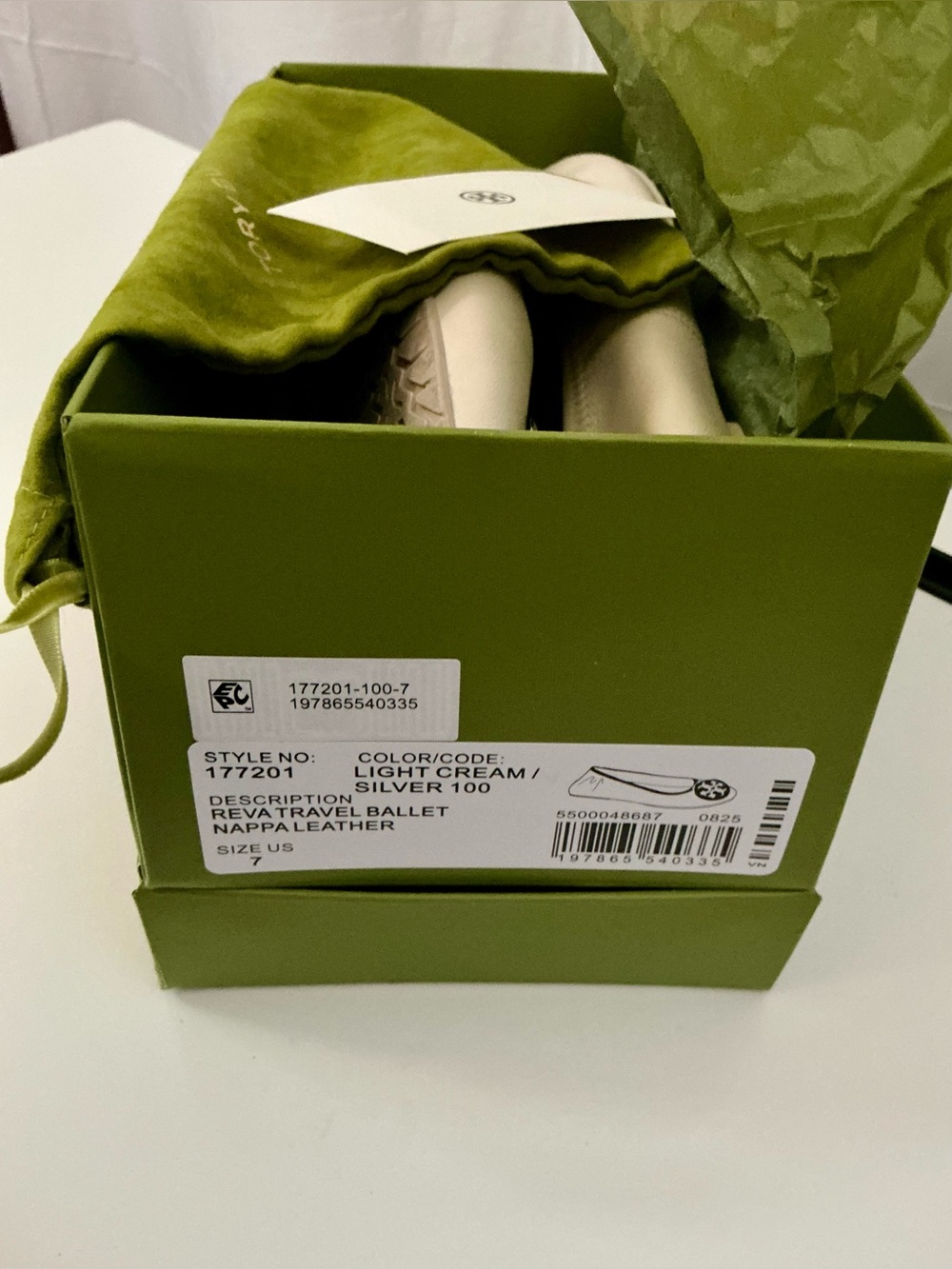 Tory Burch Reva Travel Ballet Flats Cream Silver Leather Size 7 - Picture 2 of 14
